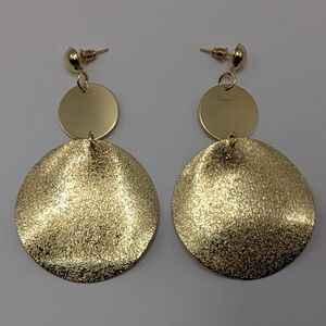 Double Circle Dangle Gold Tone Shimmer Earrings Pierced 3.25" NEW